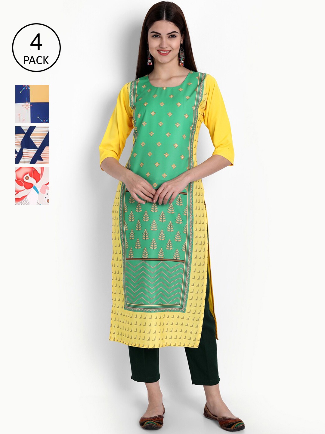 

Ethnic basket Women Pack Of 4 Multicoloured Block Printed Crepe Kurtas, Multi