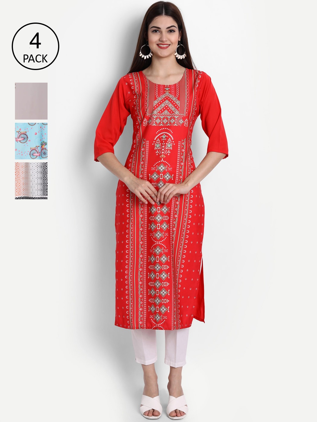

Ethnic basket Women Red & Blue Ethnic Motifs Printed Block Print Crepe Kurta