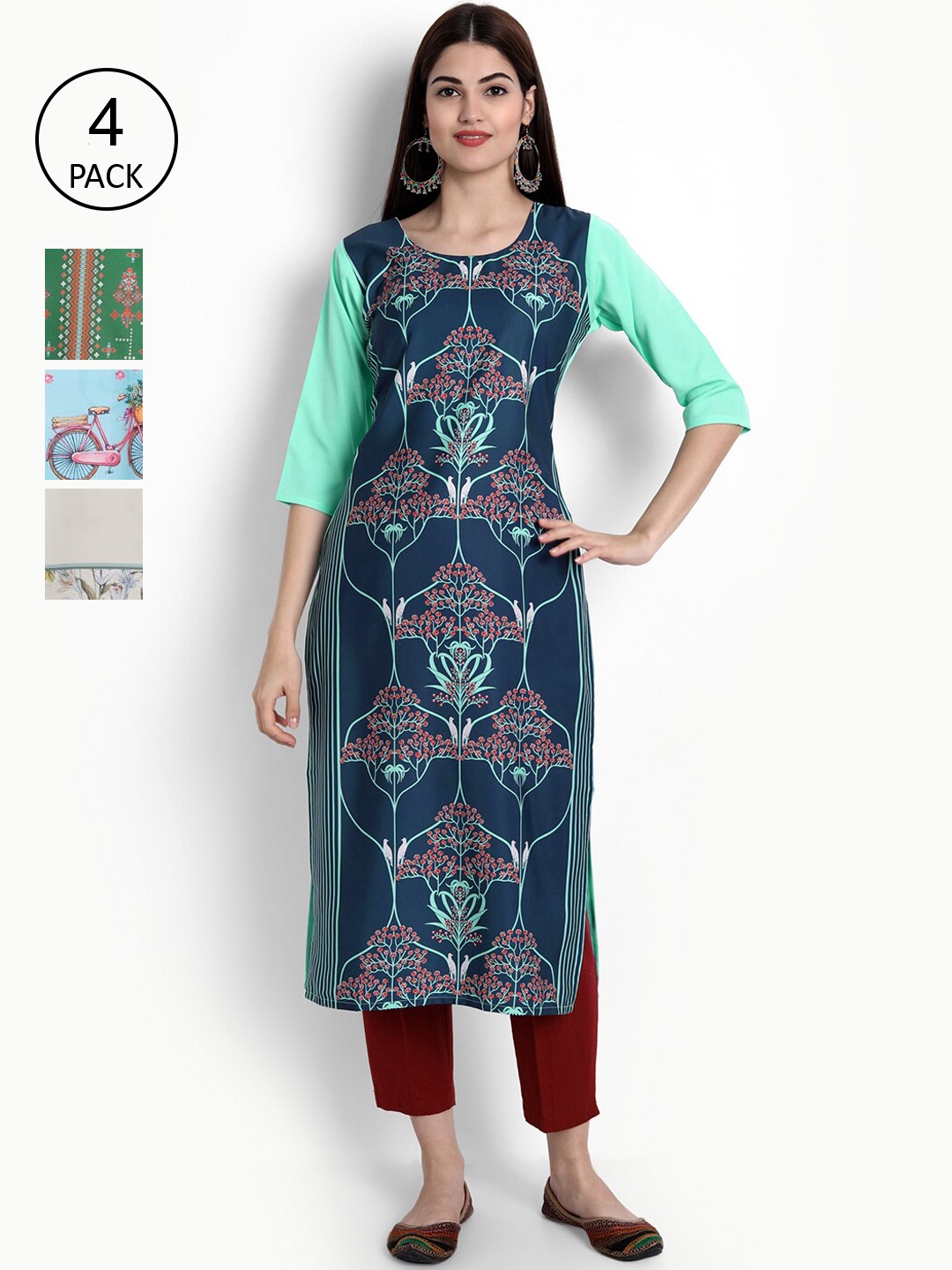 

Ethnic basket Women Blue & Green Pack of 4 Printed Kurta