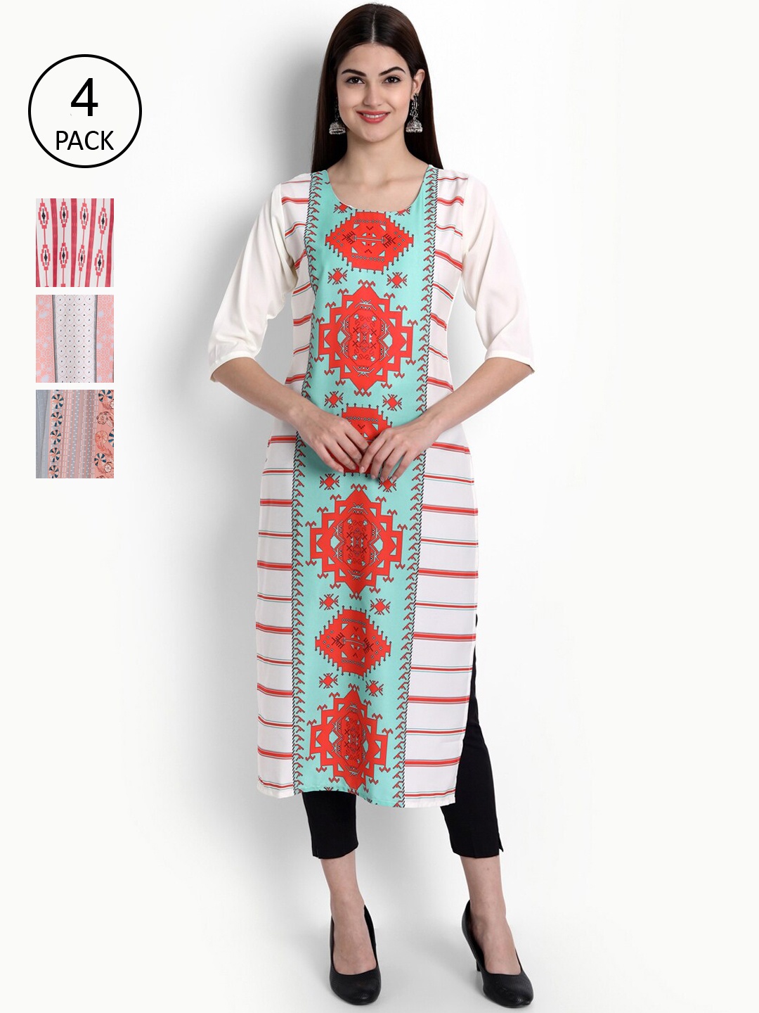 

Ethnic basket Women Pack of 4 Printed Crepe Kurtas, White