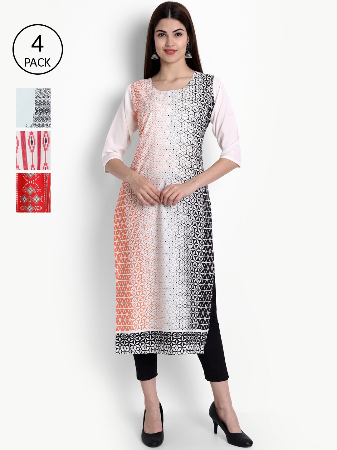 

Ethnic basket Women Pack of 4 Printed Crepe Kurtas, Red