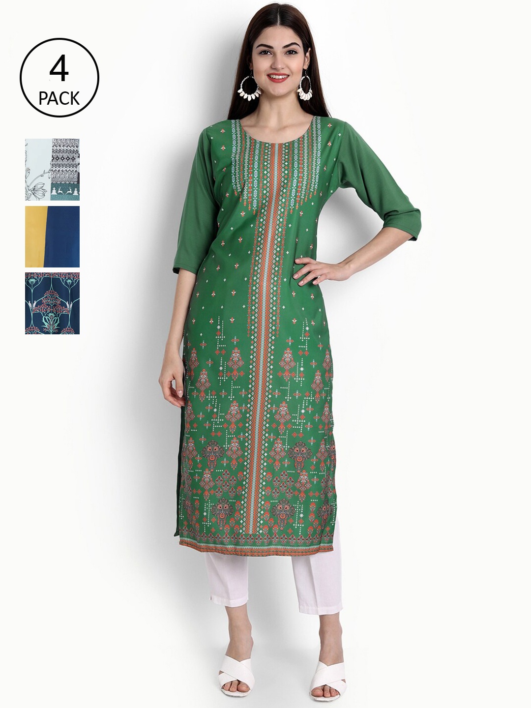 

Ethnic basket Women Pack of 4 Printed Crepe Kurtas, Green