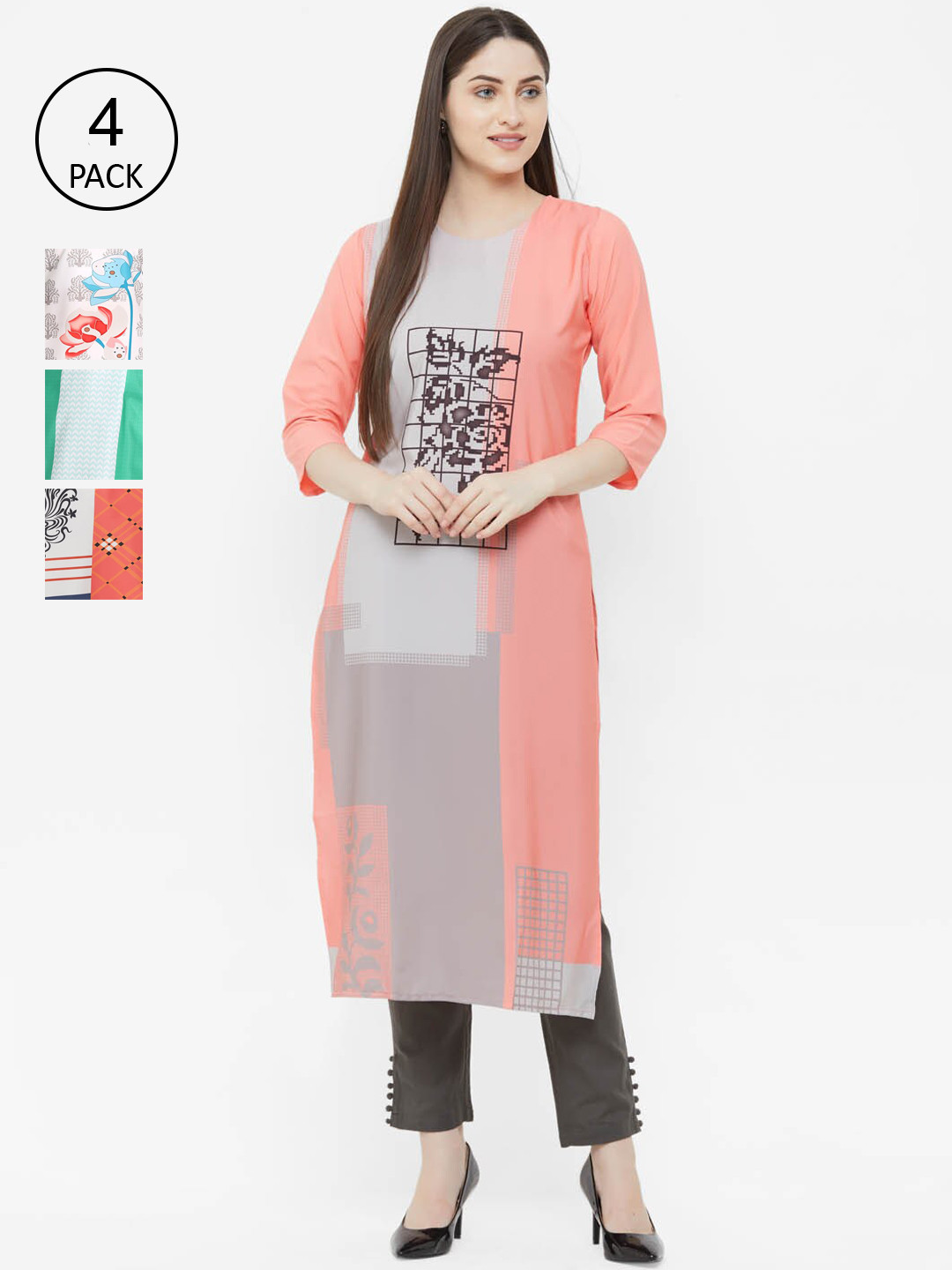 

Ethnic basket Women Pack Of 4 Multicoloured Block Printed Crepe Kurtas, Multi