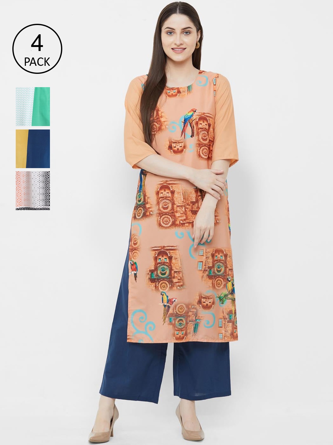 

Ethnic basket Women Pack of 4 Multicoloured Printed Crepe Straight Kurta, Multi