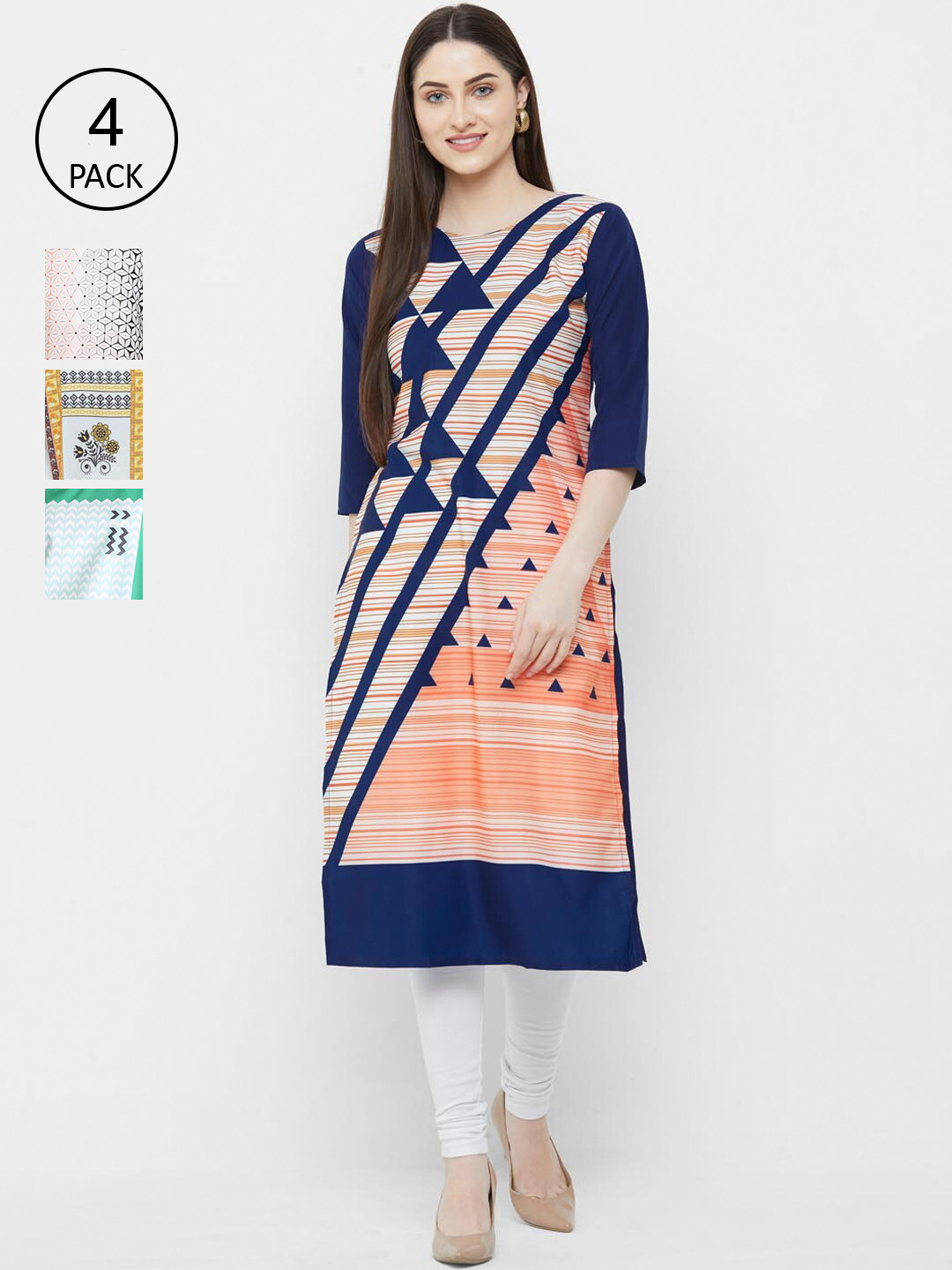 

Ethnic basket Women Pack Of 4 Multicoloured Block Printed Crepe Kurtas, Multi