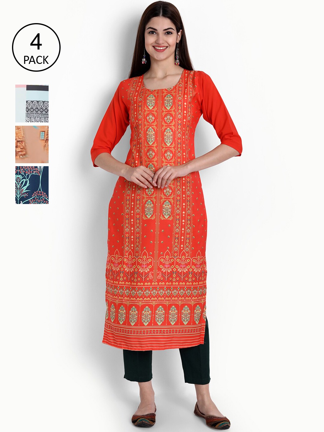 

Ethnic basket Women Pack Of 4 Printed Crepe Kurta, Orange