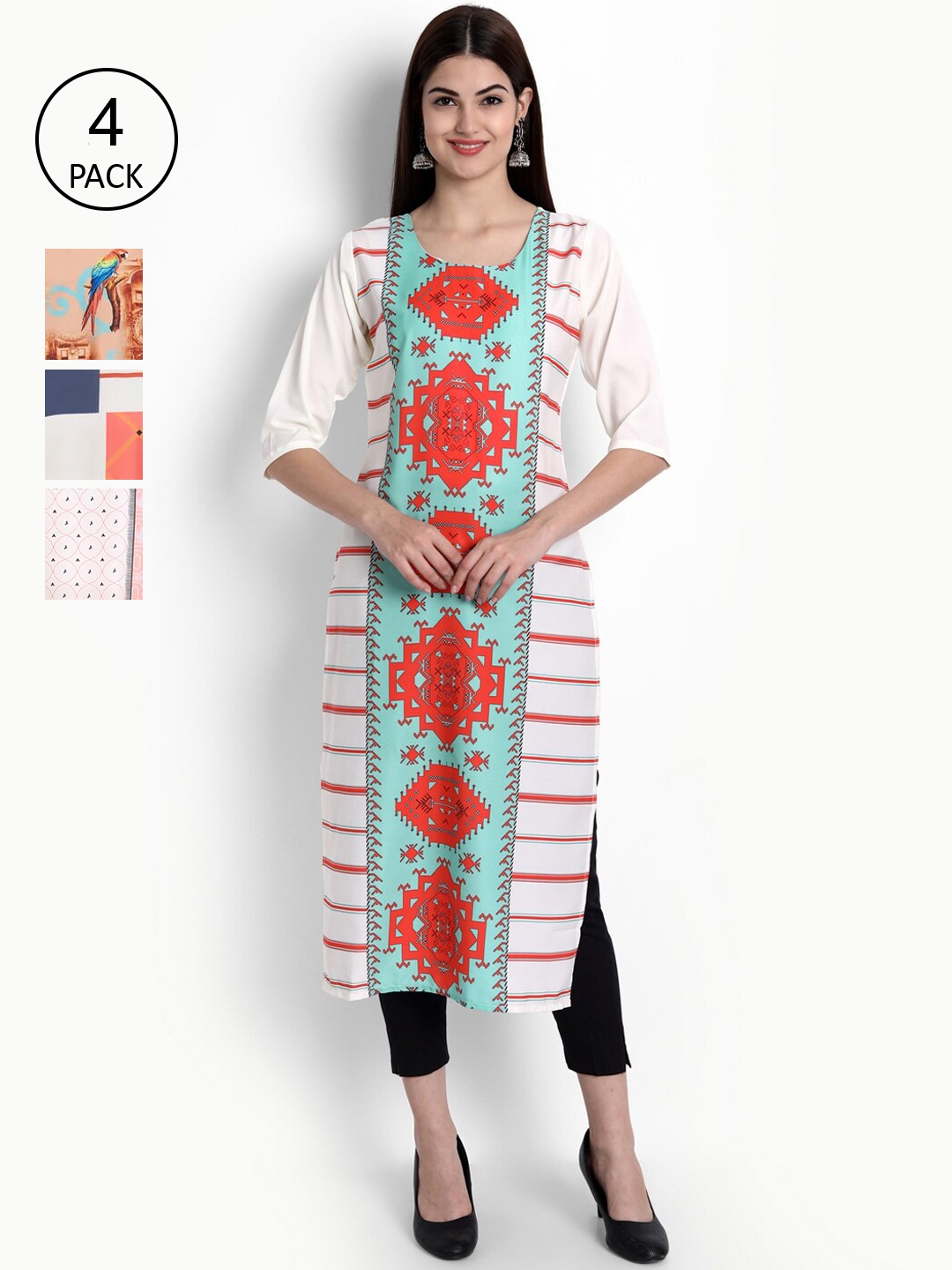 

Ethnic basket Women Pack of 4 Multicoloured Printed Crepe Straight Kurtas, Multi