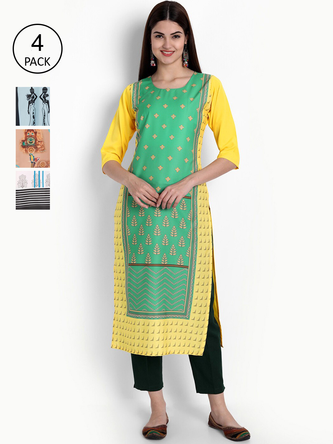 

Ethnic basket Women Pack of 4 Multicoloured Printed Crepe Straight Kurtas, Multi