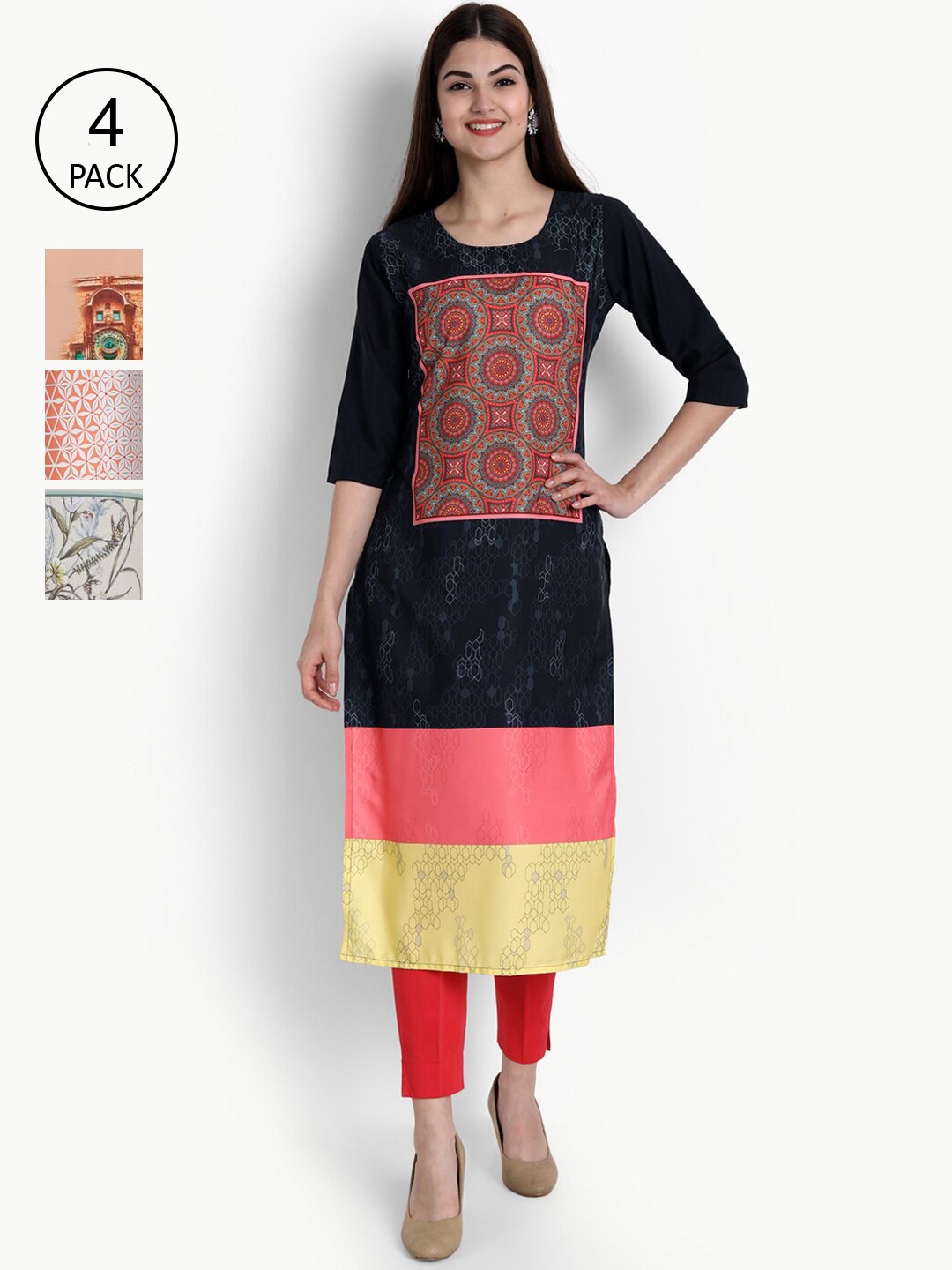 

Ethnic basket Women Black & Peach Pack of 4 Printed Kurta, Multi