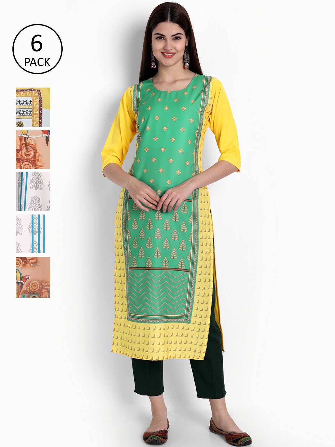 

Ethnic basket Women Pack of 6 Green & Yellow Quirky Block Print Crepe Kurta