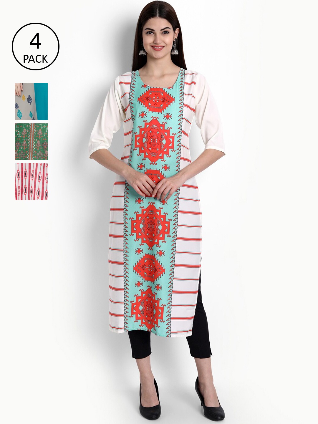 

Ethnic basket Women Pack Of 4 Multicoloured Block Printed Crepe Kurtas, Multi