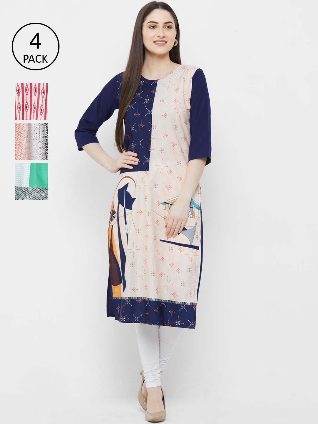 

Ethnic basket Women Pack of 4 Printed Crepe Kurtas, Navy blue