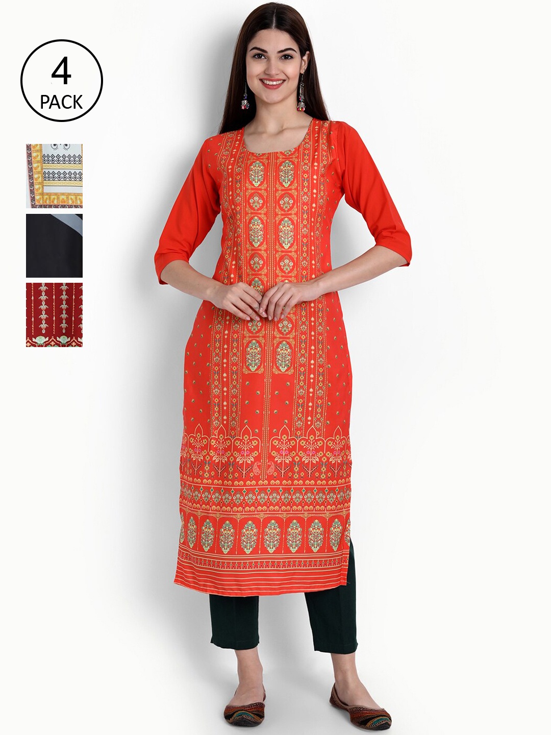 

Ethnic basket Women Pack Of 4 Printed Block Print Crepe Kurta, Orange
