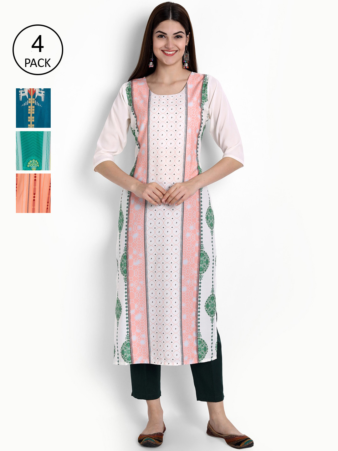 

Ethnic basket Women Pack Of 4 Multicoloured Block Printed Crepe Kurtas, Multi