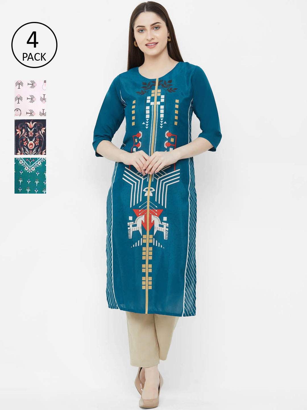 

Ethnic basket Women Pack of 4 Printed Crepe Kurtas, Teal
