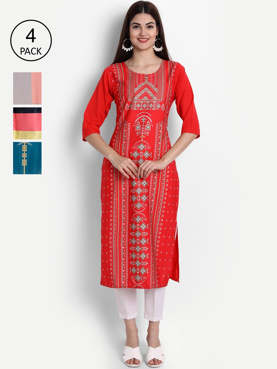 

Ethnic basket Woman Pack of 4 Multicoloured Printed Crepe Kurta, Multi