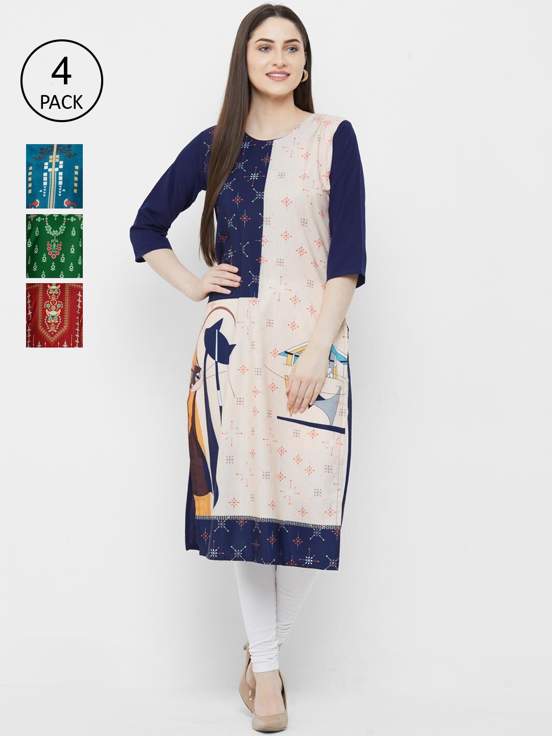 

Ethnic basket Women Pack of 4 Multicoloured Printed Crepe Straight Kurtas, Multi