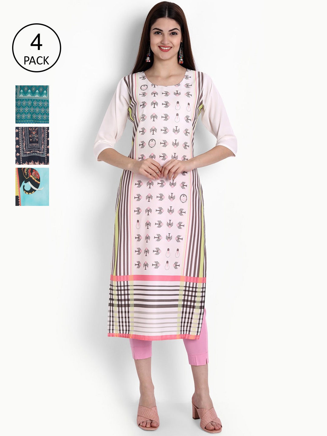 

Ethnic basket Women Pink & Green Pack of 4 Printed Kurta