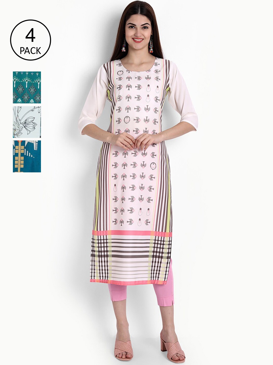 

Ethnic basket Women Pack Of 4 Printed Crepe Kurta, White