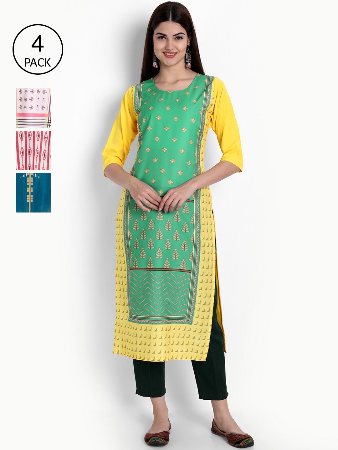 Ethnic basket Women Pack Of 4 Multicoloured Block Printed Crepe Kurtas, Multi