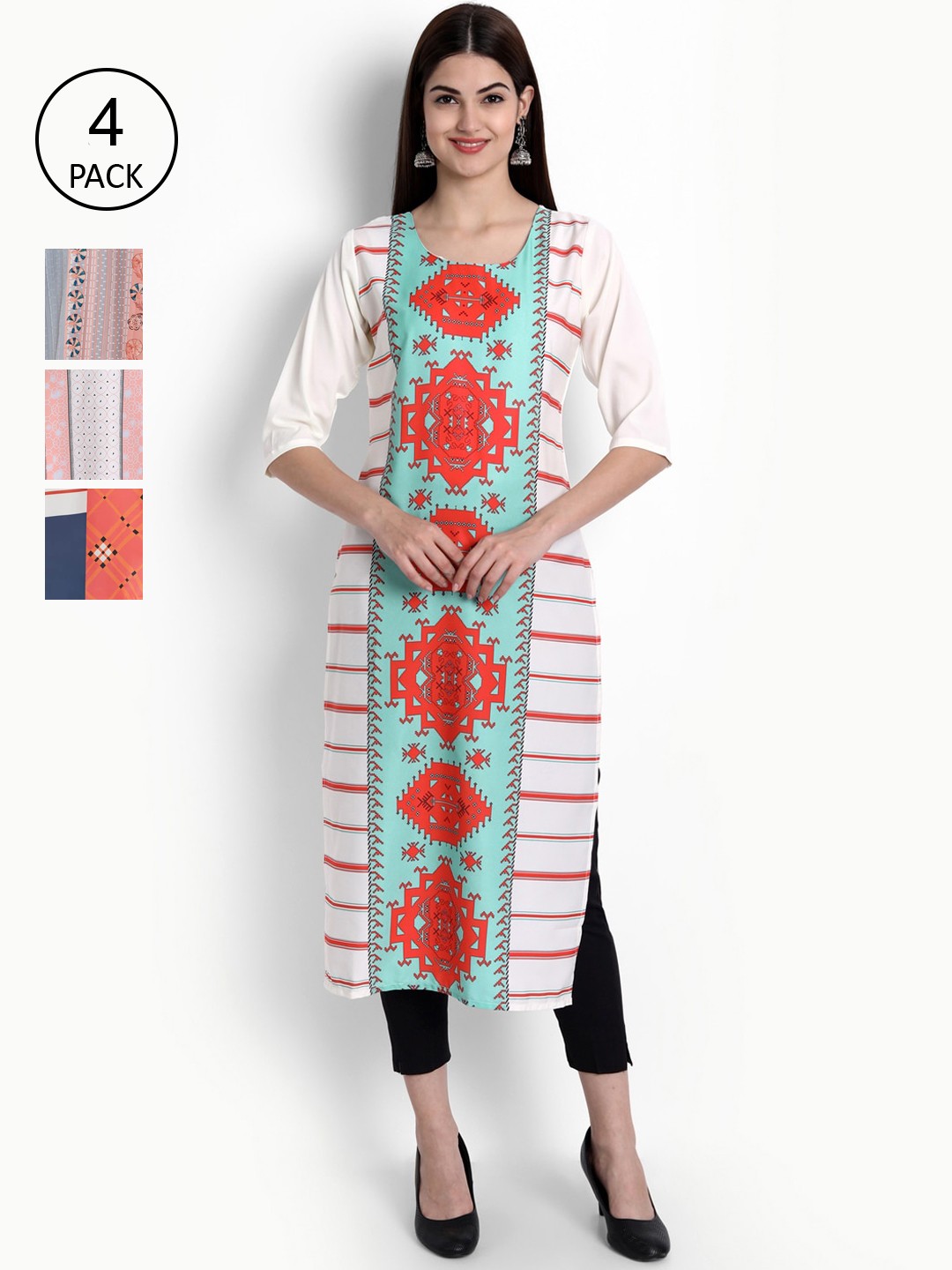 

Ethnic basket Blue & Red Quirky Printed Pack Of 4 Kurta