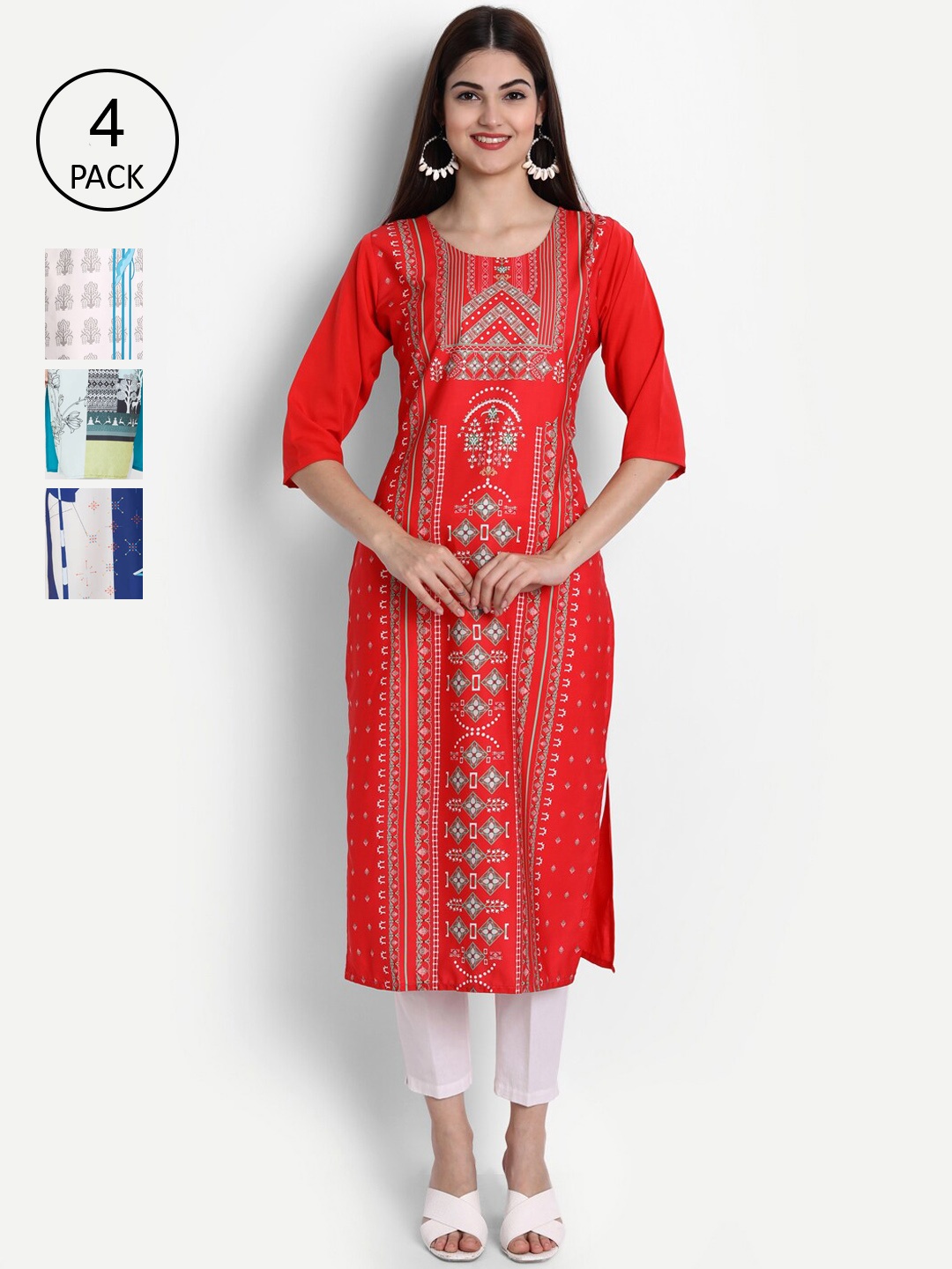 

Ethnic basket Woman Pack of 4 Multicoloured Geometric Printed Crepe Kurta, Multi