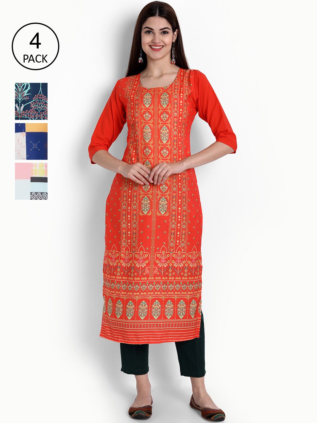 

Ethnic basket Women Pack of 4 Printed Crepe Kurtas, Red