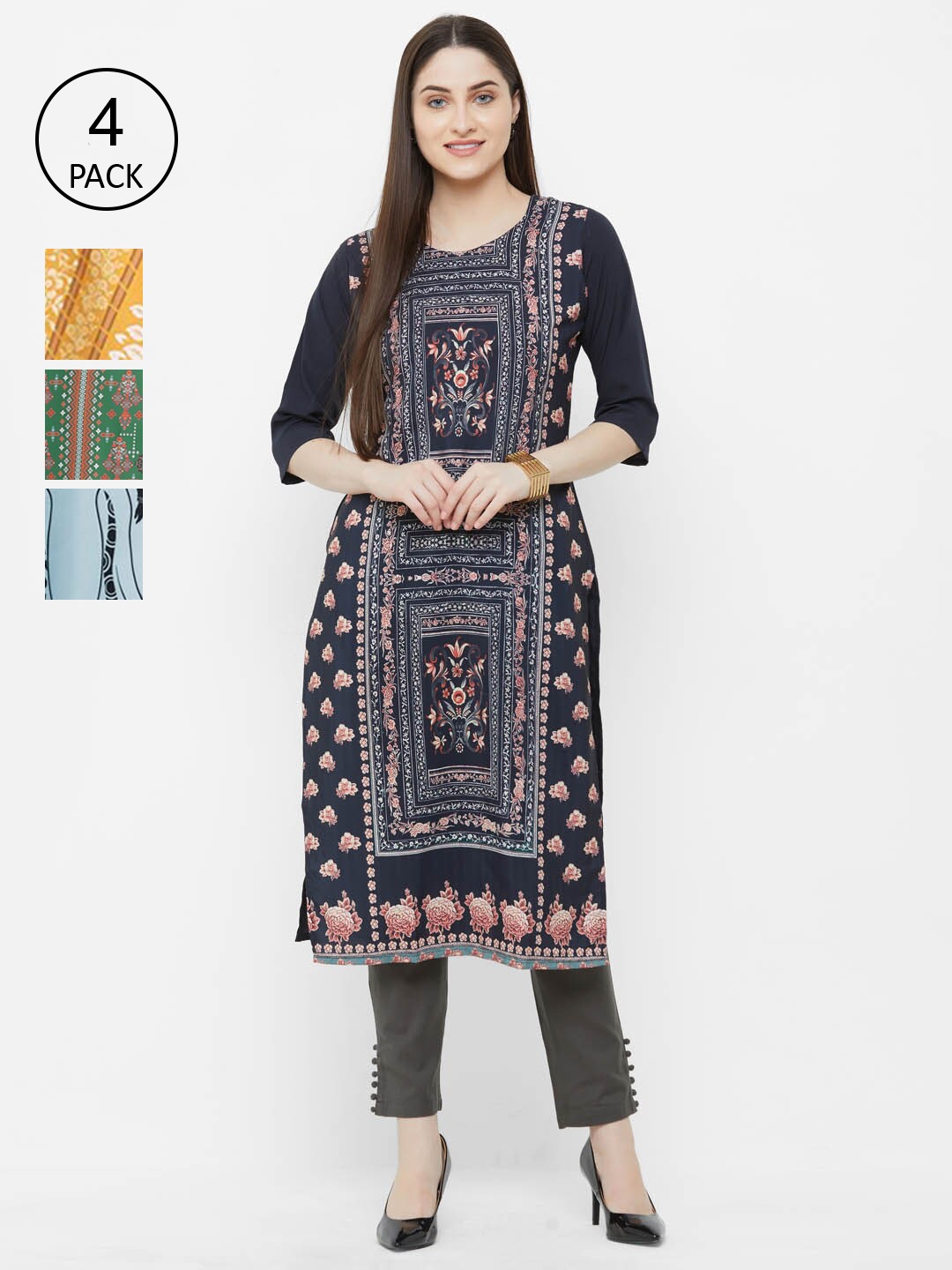 

Ethnic basket Women Green & Yellow Ethnic Motifs Printed Block Print Crepe Kurta