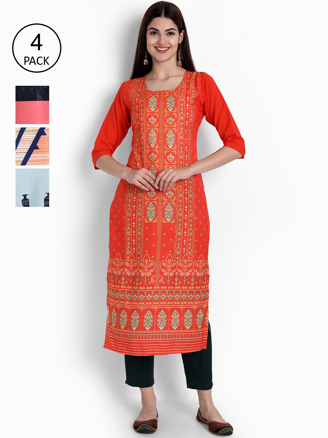 

Ethnic basket Women Pack Of 4 Printed Crepe Kurta, Orange