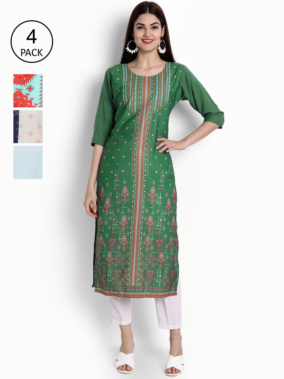 

Ethnic basket Women Pack of 4 Printed Crepe Kurtas, Green