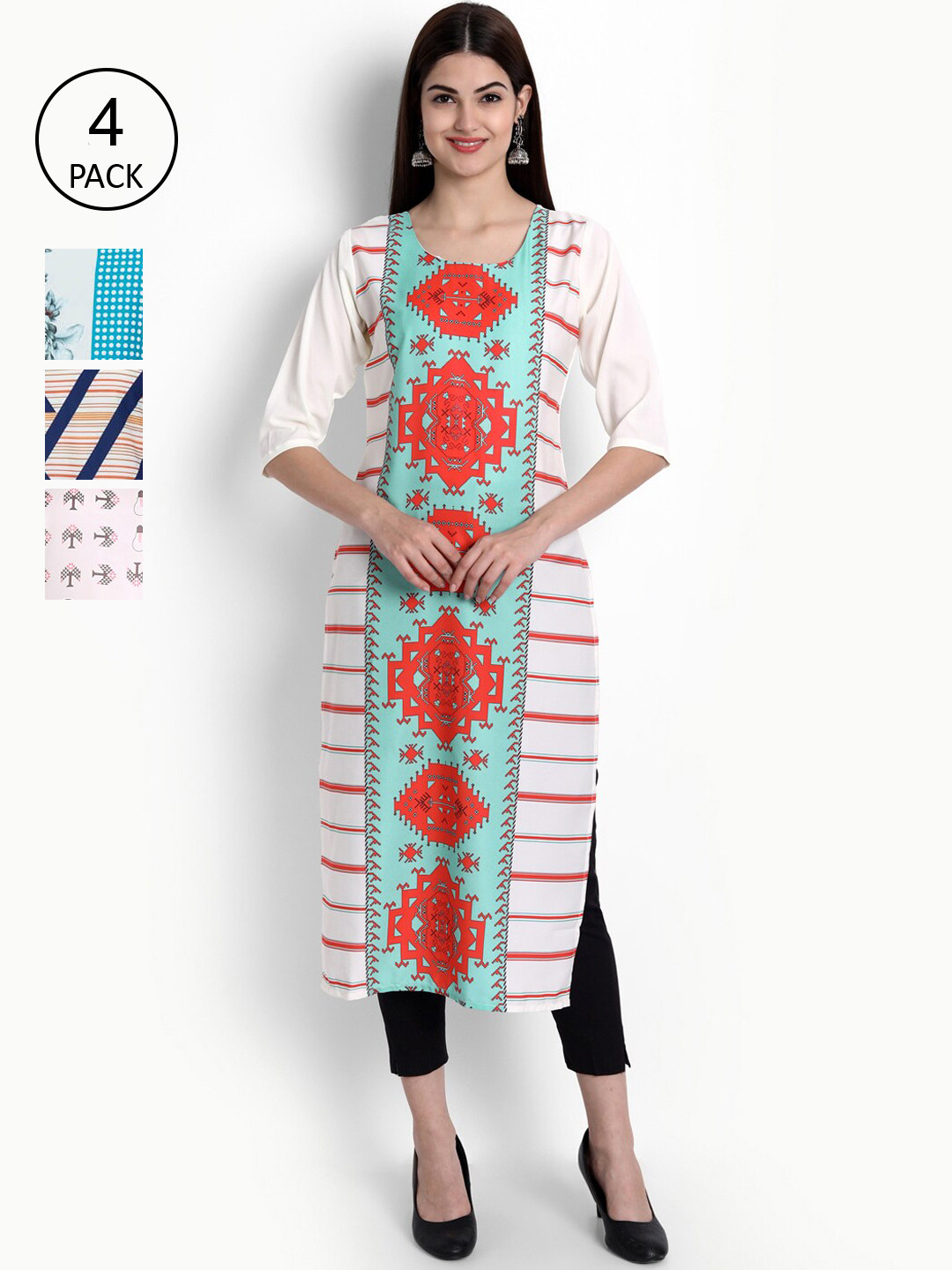 

Ethnic basket Women Pack of 4 Printed Crepe Kurtas, Blue