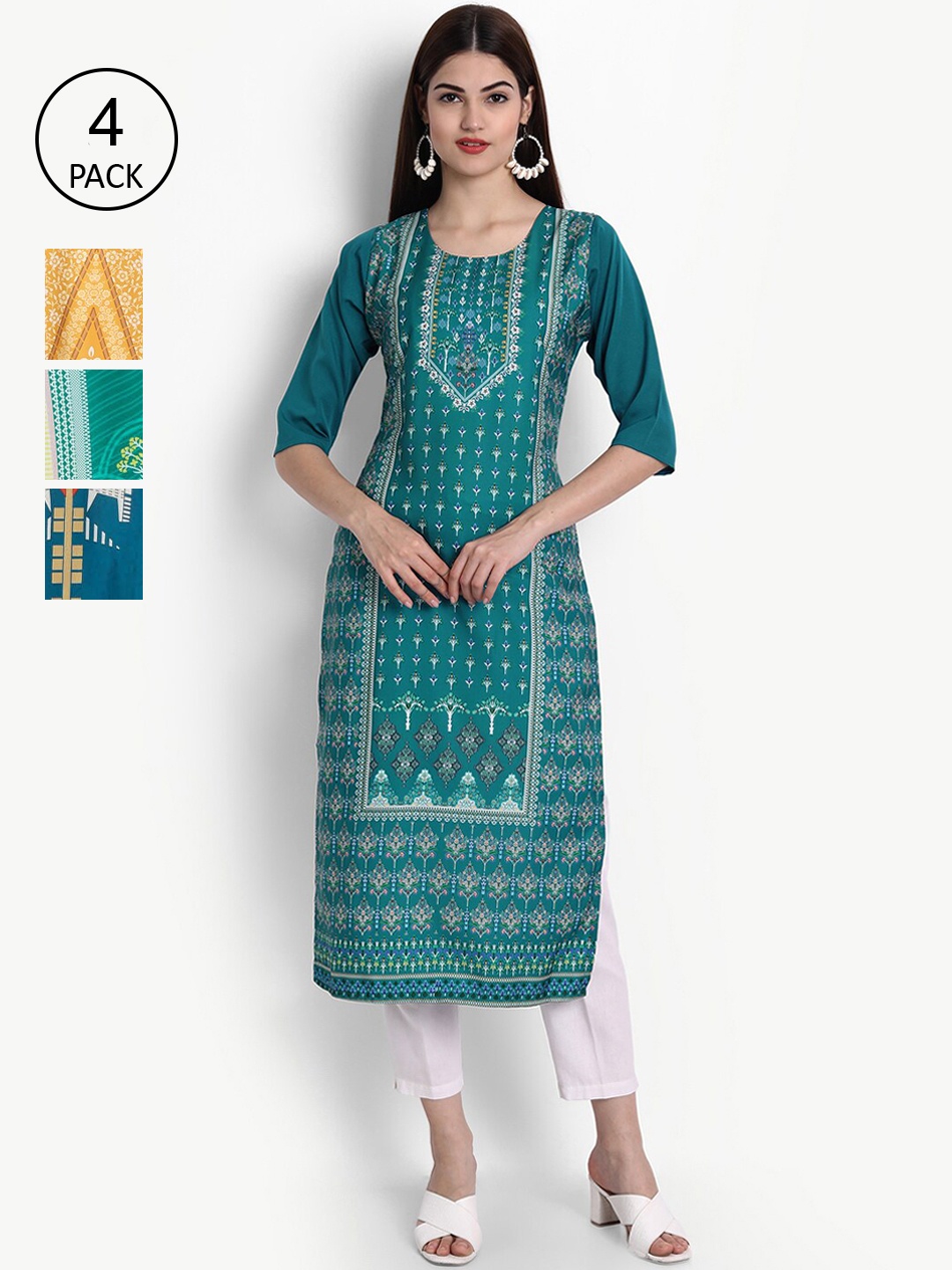

Ethnic basket Women Pack Of 4 Multicoloured Block Printed Crepe Kurtas, Multi