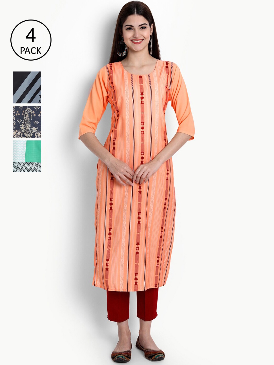 

Ethnic basket Woman Pack of 4 Multicoloured Colourblocked Block Print Crepe Kurta, Multi