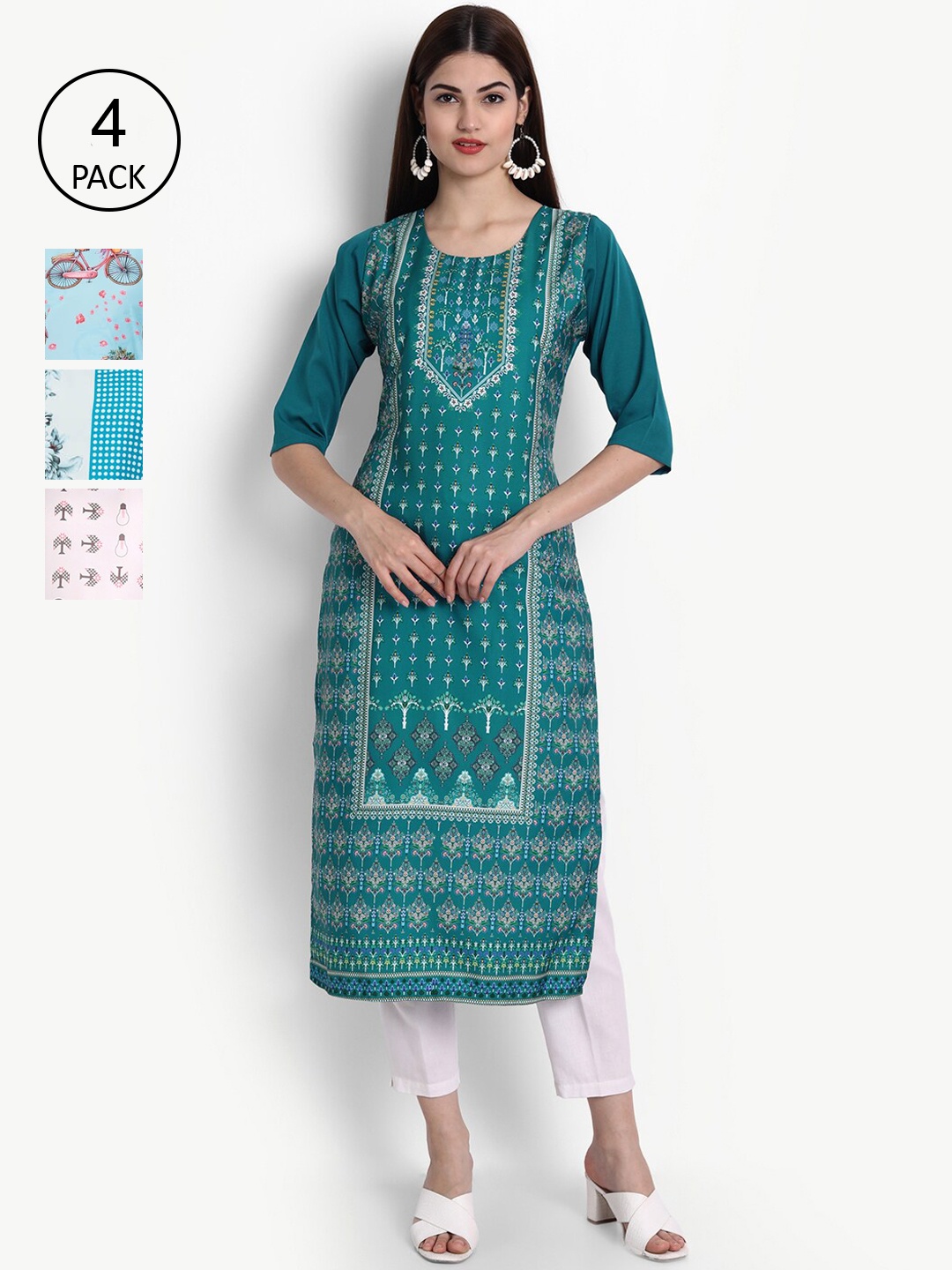 

Ethnic basket Women Blue & Pink Ethnic Motifs Printed Block Print Crepe Kurta