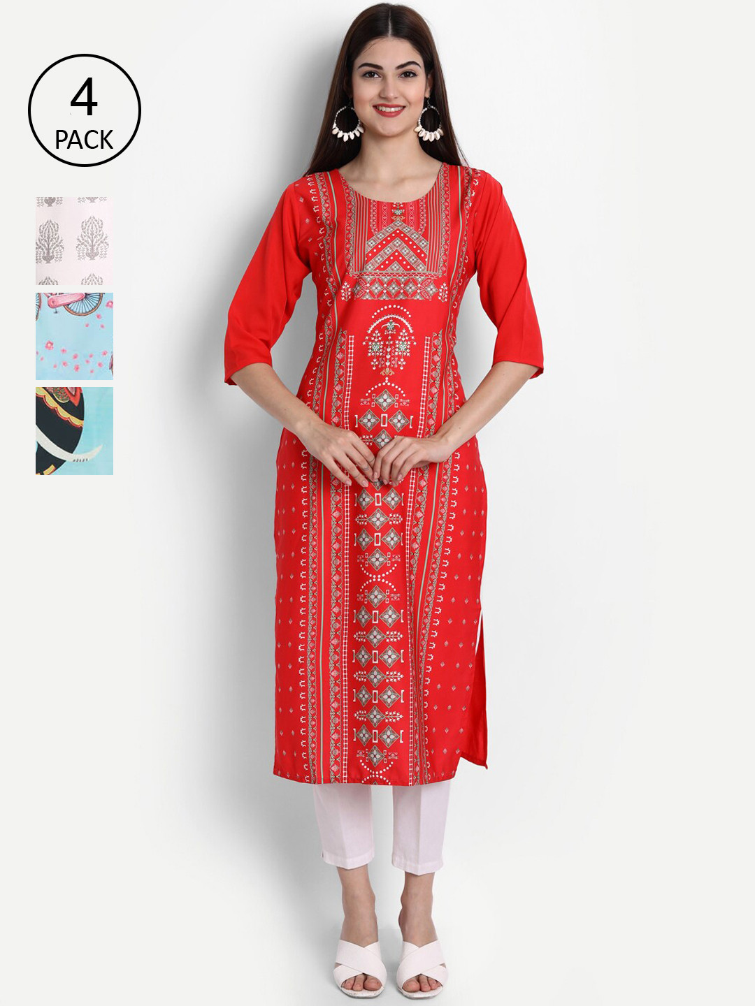 

Ethnic basket Women Pack of 4 Multicoloured Printed Crepe Straight Kurtas, Multi
