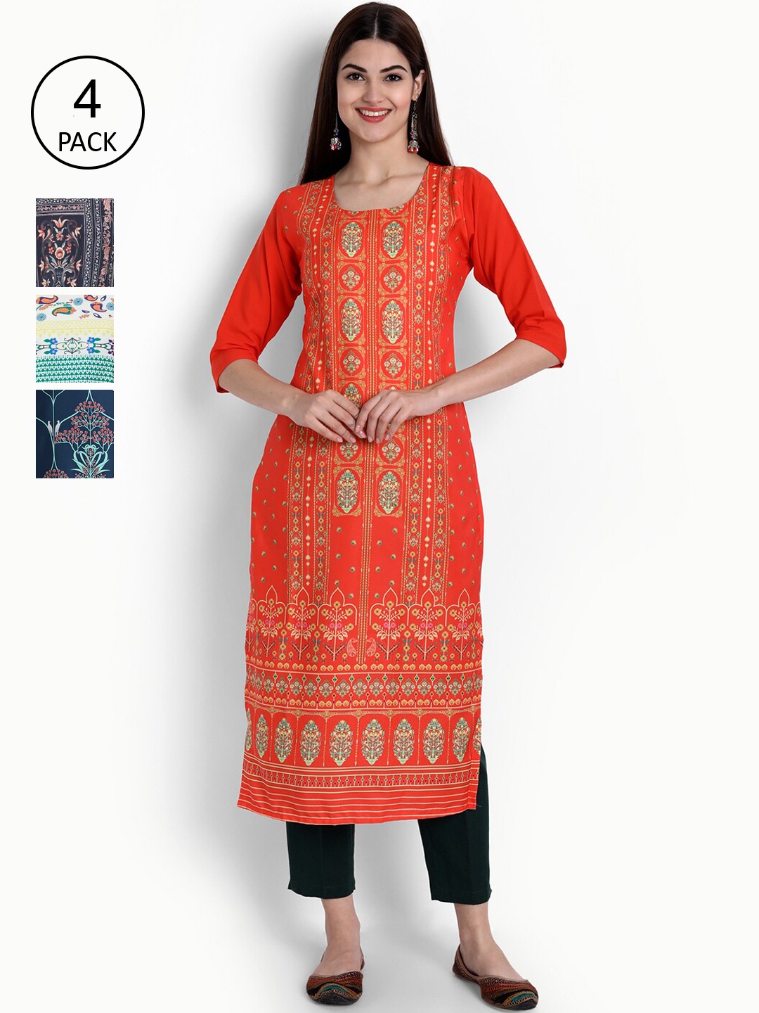 

Ethnic basket Women Pack Of 4 Printed Crepe Kurta, Orange