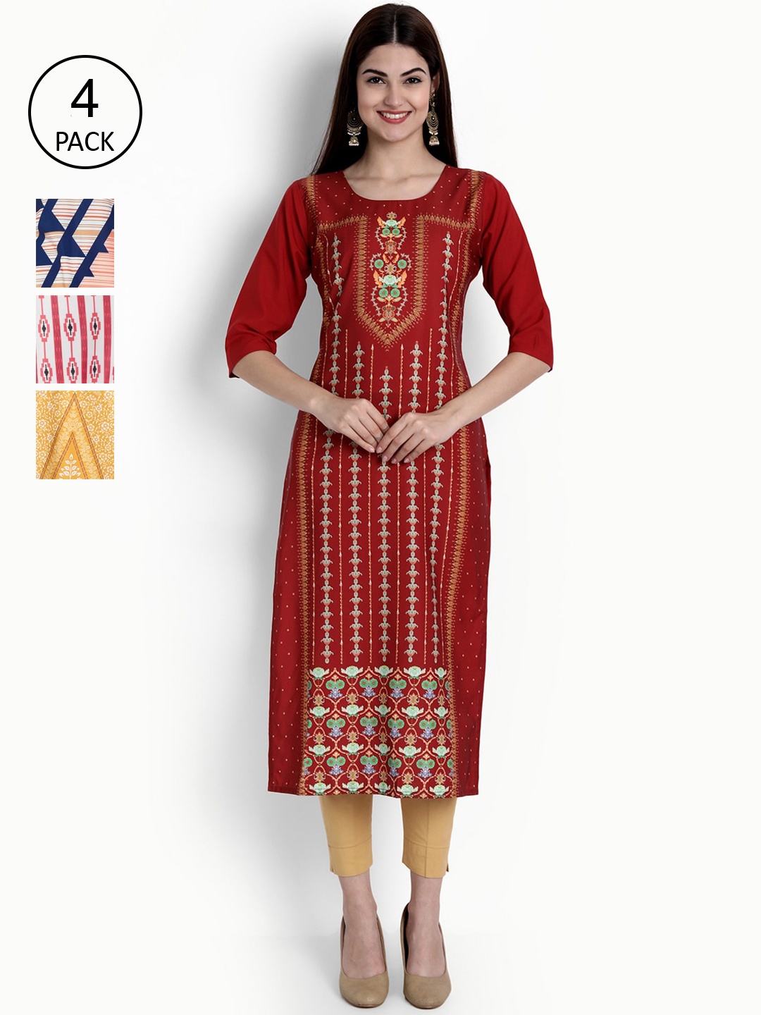 

Ethnic basket Women Pack of 4 Printed Crepe Kurtas, Maroon