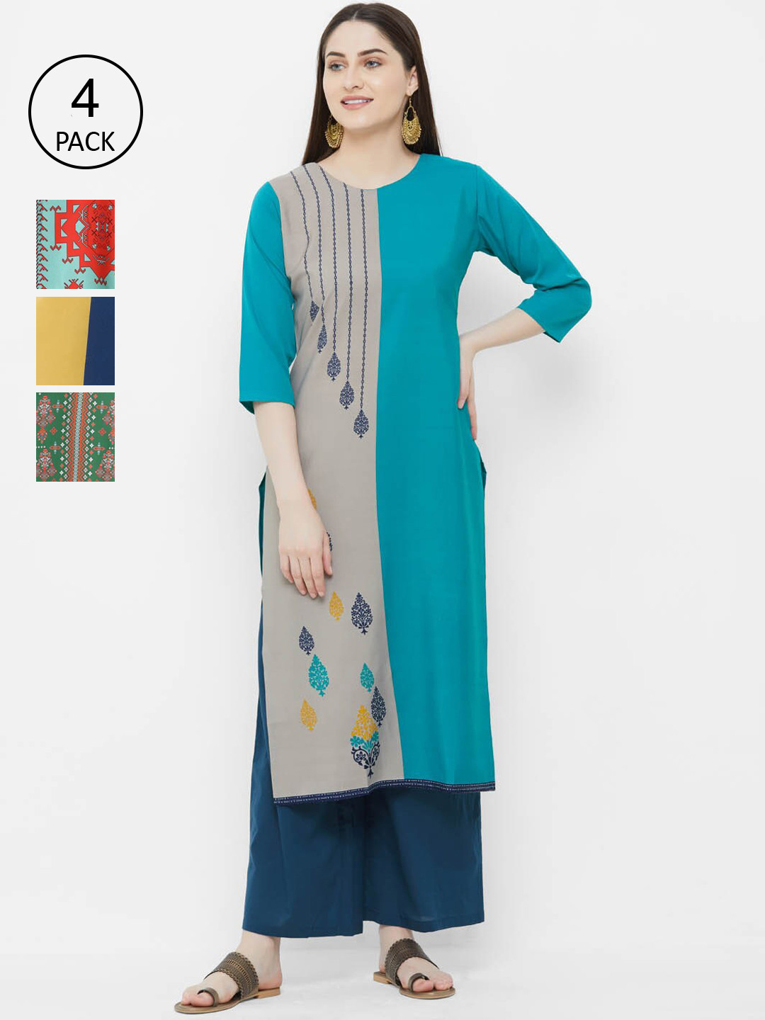 

Ethnic basket Women Pack of 4 Multicoloured Printed Crepe Straight Kurtas, Multi