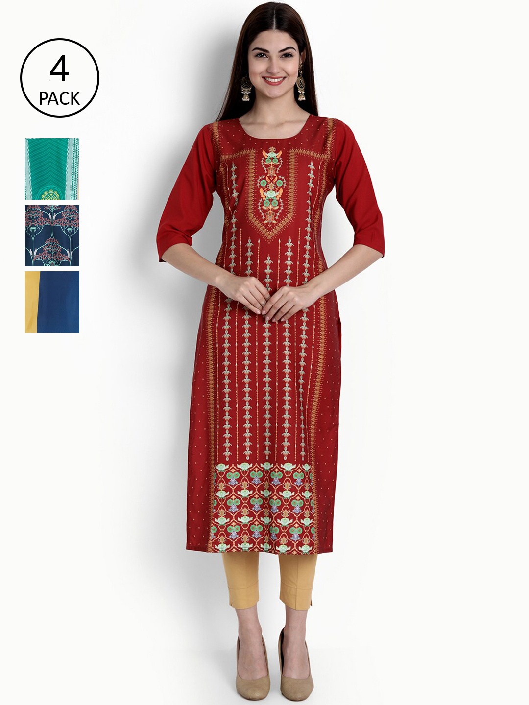 

Ethnic basket Women Red & Green Ethnic Motifs Printed Block Print Crepe Kurta