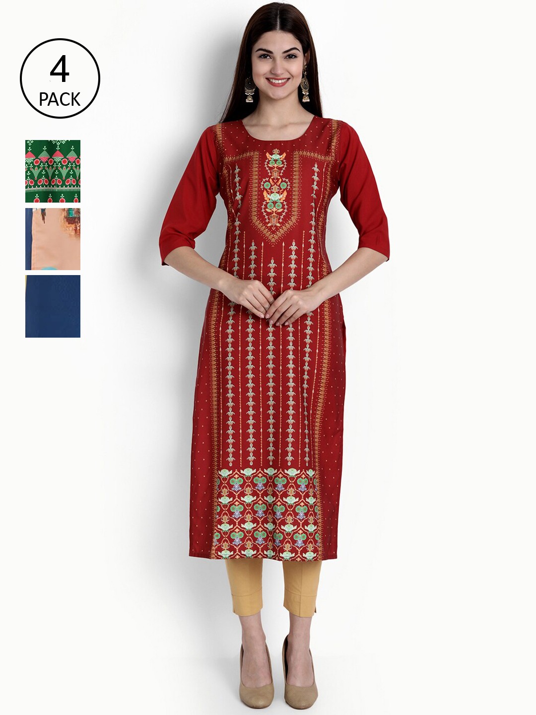

Ethnic basket Women Green & Red Ethnic Motifs Printed Block Print Crepe Kurta