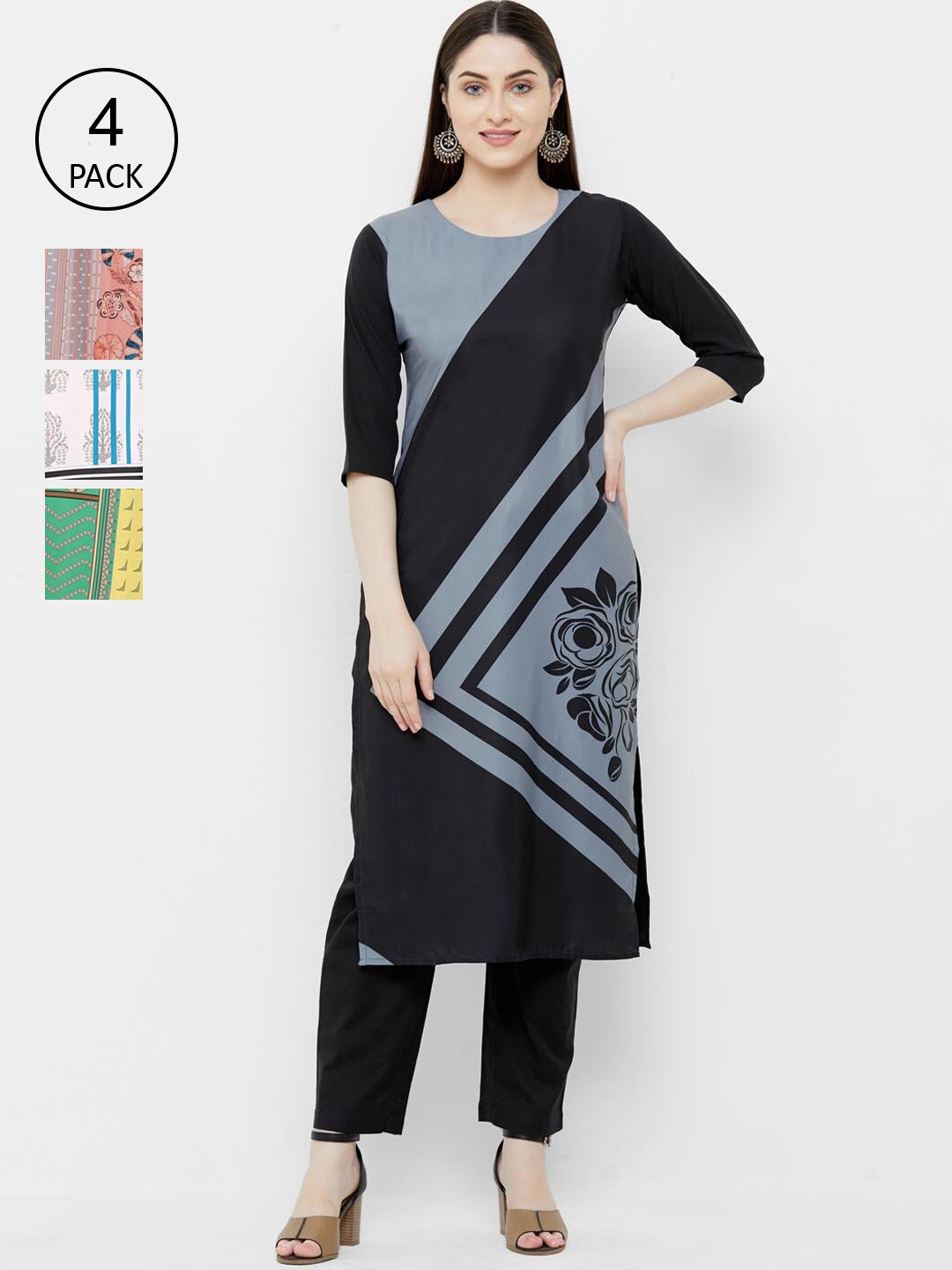 

Ethnic basket Women Black & Grey Pack of 4 Printed Kurta