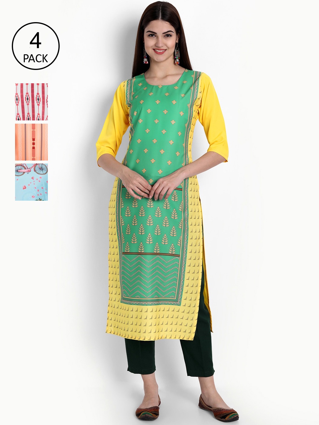 

Ethnic basket Women Pack of 4 Printed Crepe Kurtas, Green