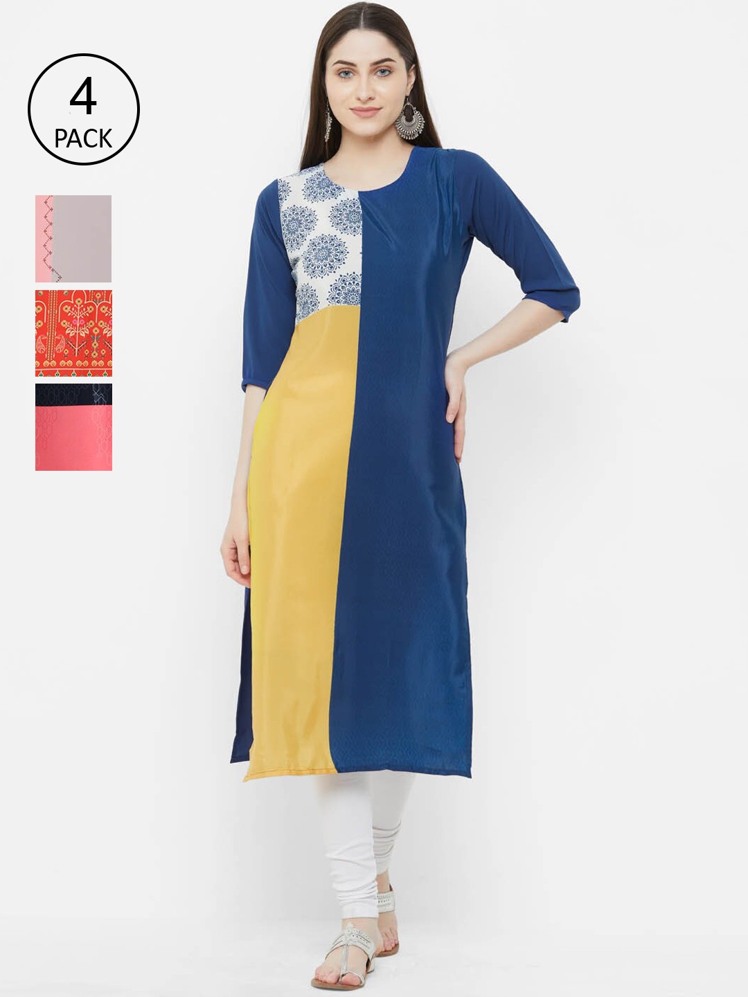 

Ethnic basket Women Pack Of 4 Printed Crepe Kurta, Blue