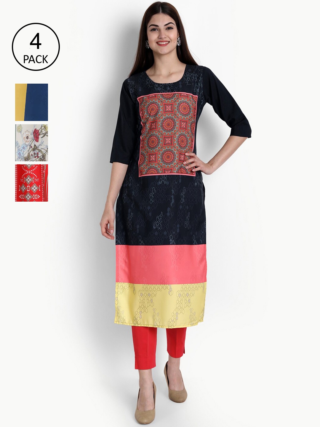 

Ethnic basket Women Pack Of 4 Multicoloured Block Printed Crepe Kurtas, Multi