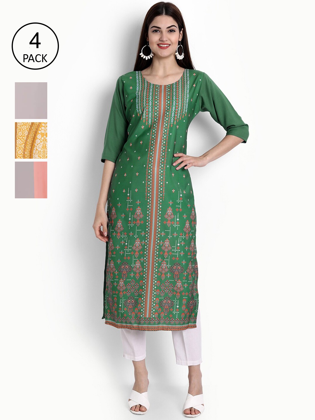 

Ethnic basket Women Green & Yellow Ethnic Motifs Printed Block Print Crepe Kurta