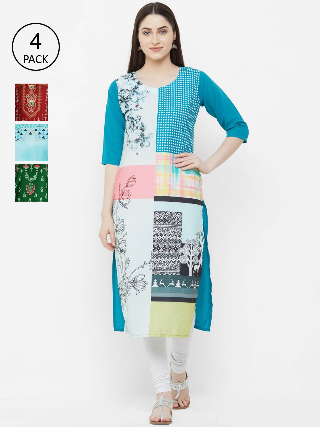 

Ethnic basket Women Pack of 4 Multicoloured Printed Crepe Straight Kurtas, Multi