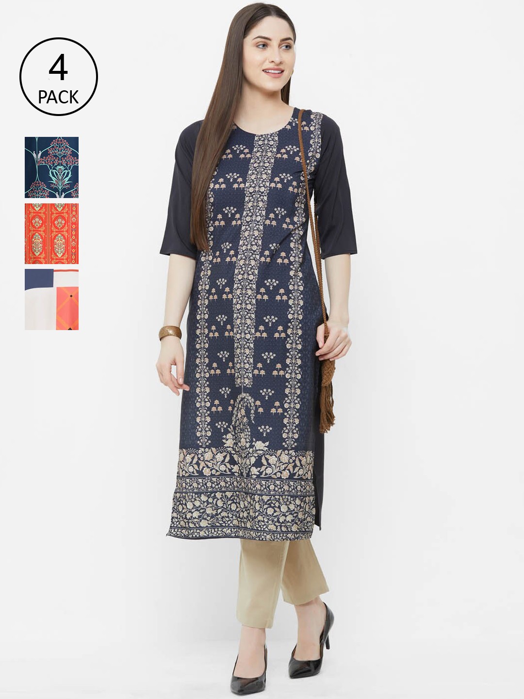 

Ethnic basket Women Pack Of 4 Printed Block Print Crepe Kurta, Blue