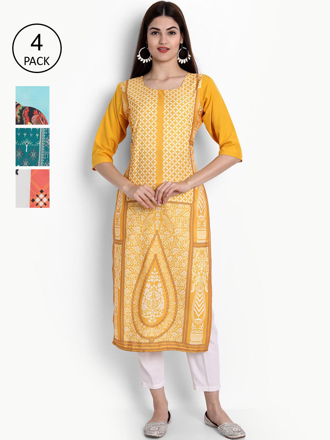 

Ethnic basket Women Yellow & White Pack of 4 Printed Kurta