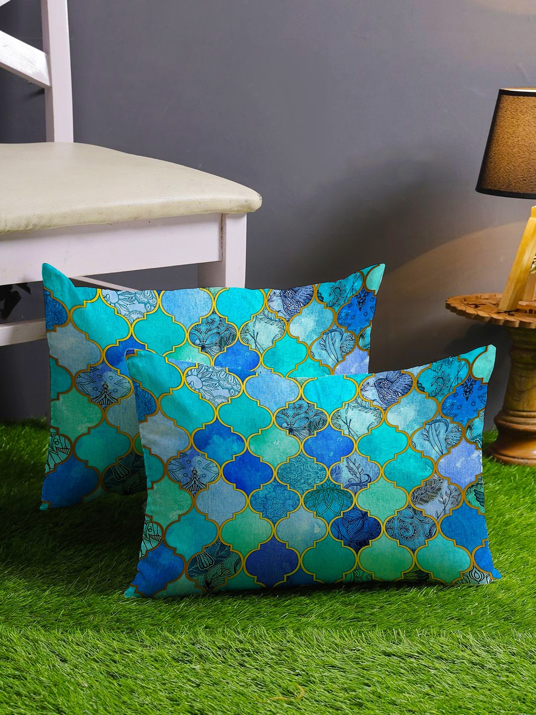 

STITCHNEST Blue & Yellow Set of 2 Geometric Rectangle Cushion Covers