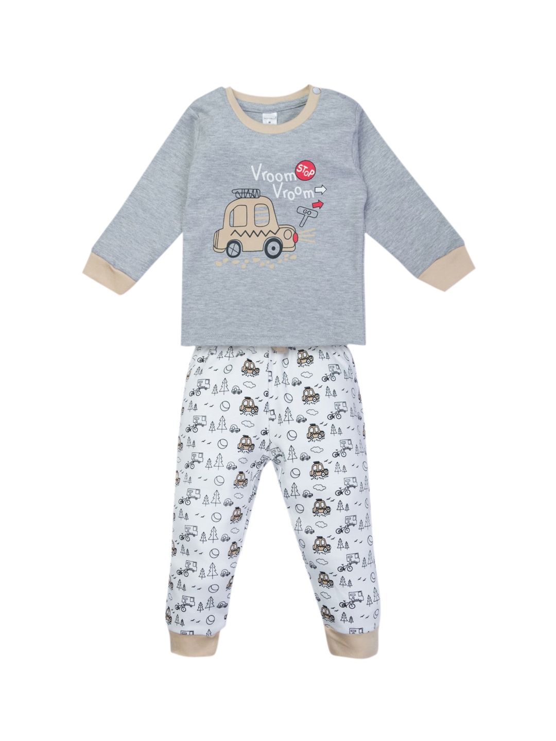 

Montello Unisex Kids Grey & White Printed Pure Cotton Night suit
